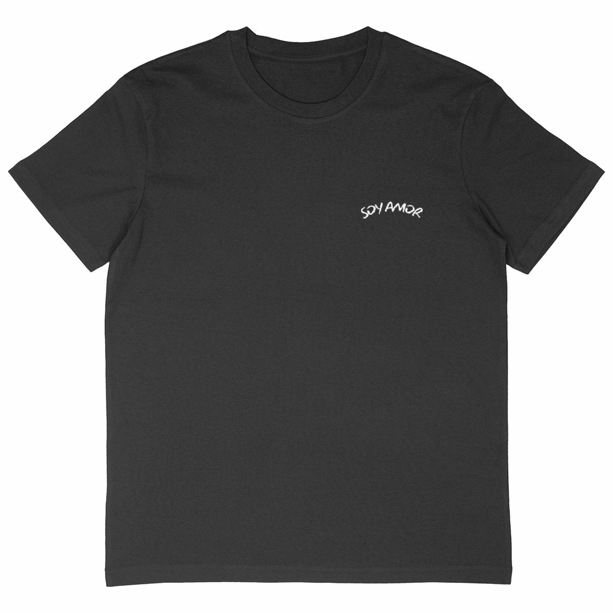T-shirt noir avec un logo "SOY AMOR" en blanc, brodé à gauche sur la poitrine, style minimaliste et élégant.