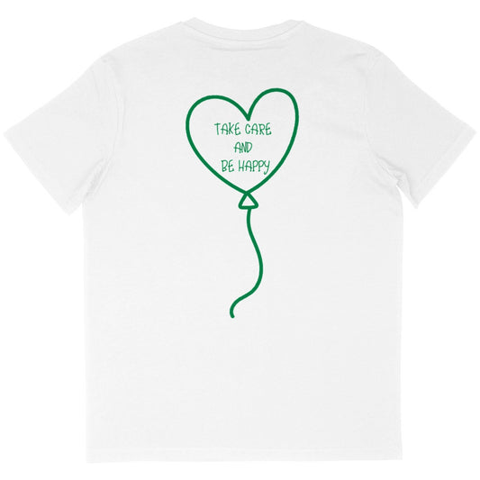  T-shirt blanc avec un design au dos représentant un ballon en forme de cœur, accompagné du message "Take Care and Be Happy".