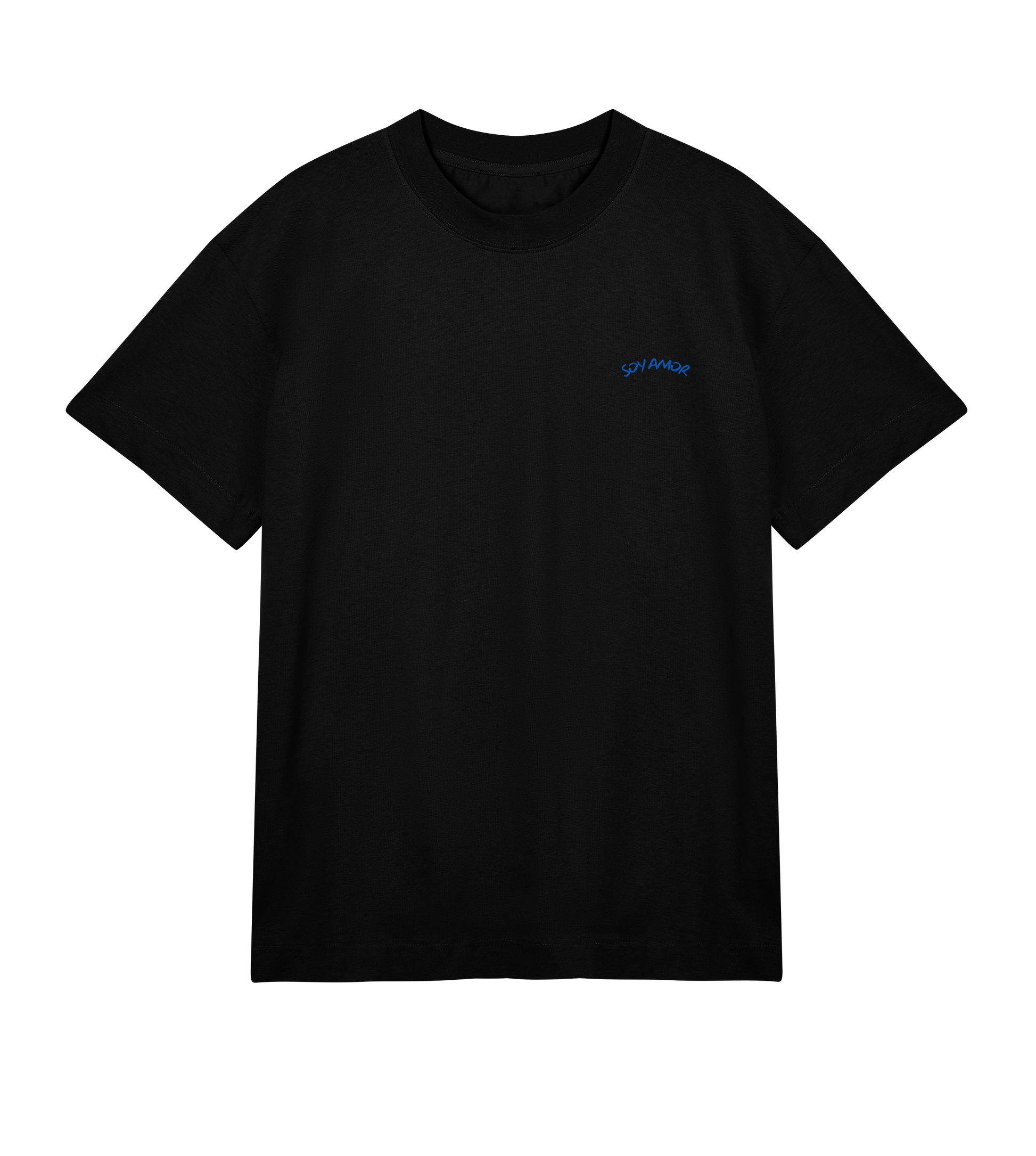 Vue de face d’un t-shirt oversize noir classique avec le visuel du logo "Soy Amor" sur la poitrine au niveau du coeur de couleur bleu