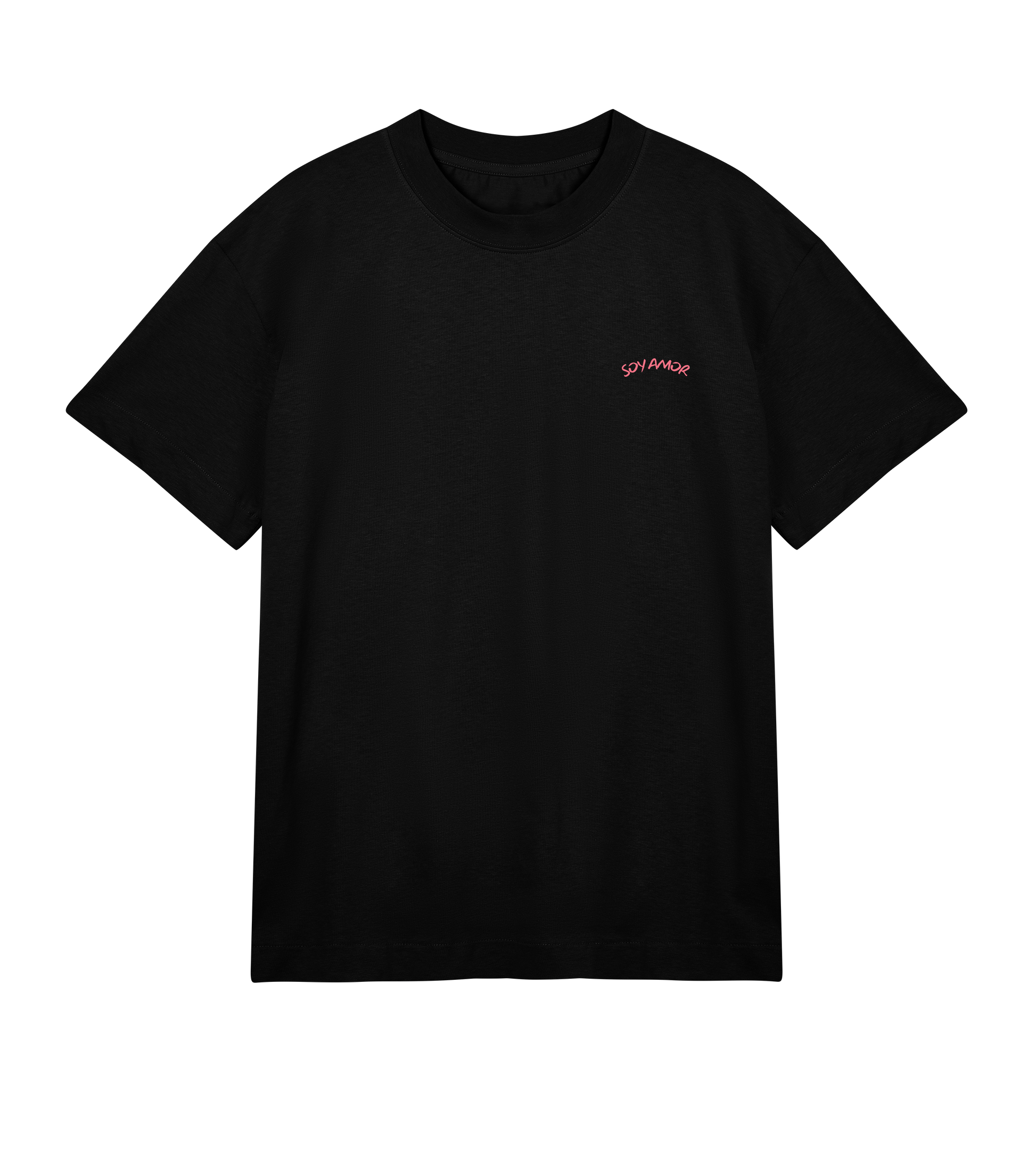 Vue de face  d’un t-shirt oversize noir avec le logo SOY AMOR  en rose sur le côté gauche de la poitrine.