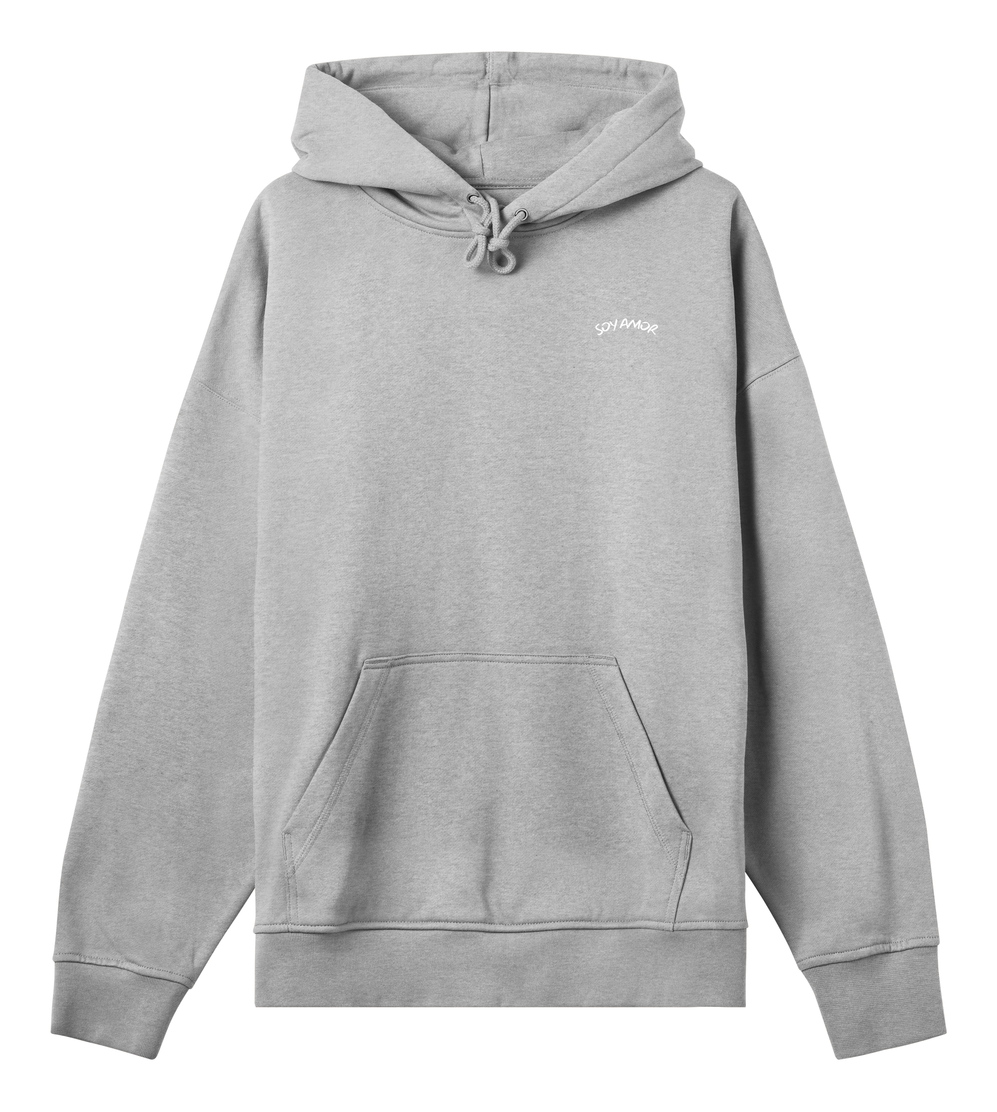 Hoodie Gris Soy Amor vu de face, coupe oversize boxy, texture épaisse en fleece brossé, avec incription Soy Amor à l'avant au niveau du coeur.