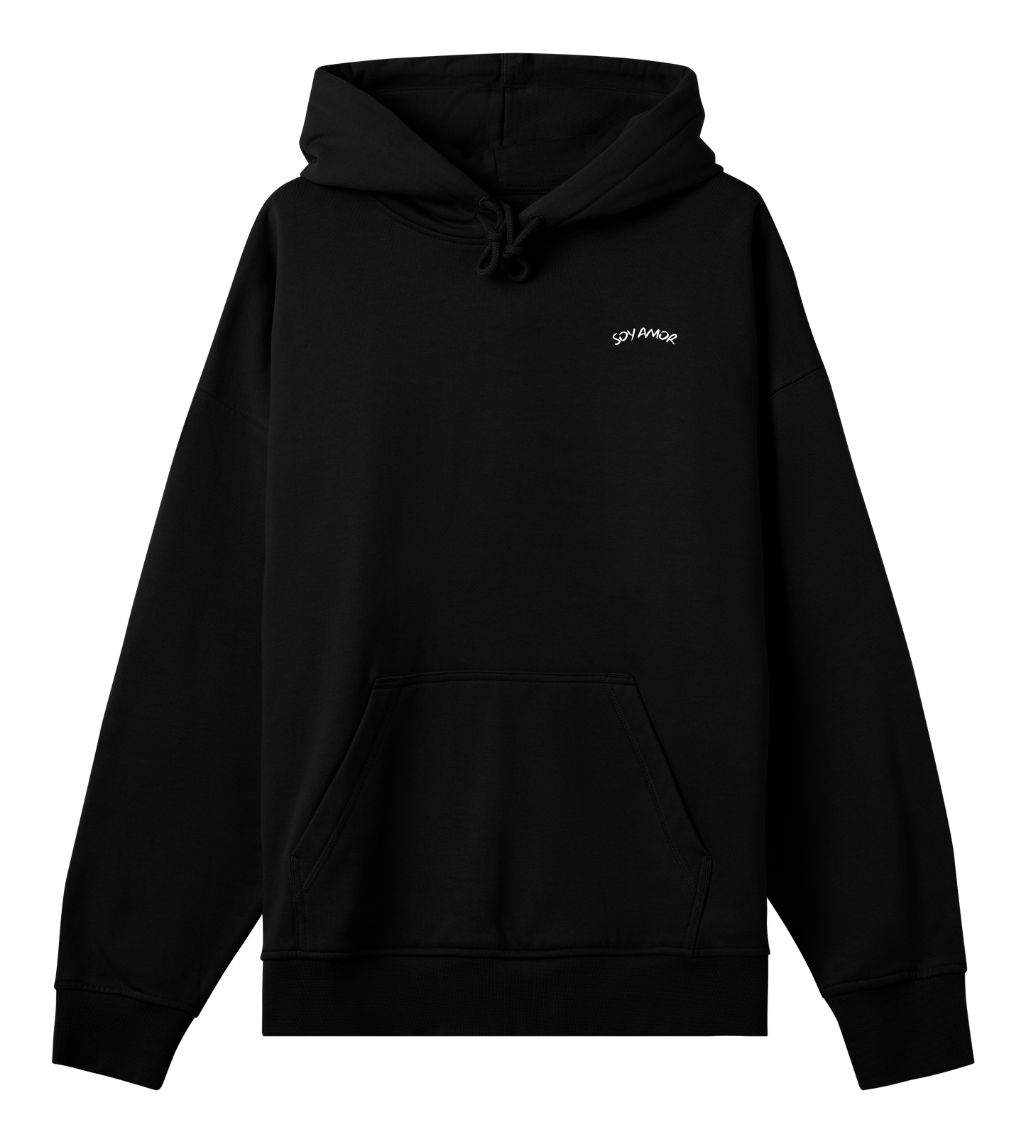Hoodie noir Soy Amor vu de face,  coupe oversize boxy, texture épaisse en fleece brossé, avec incription Soy Amor à l'avant au niveau du coeur.