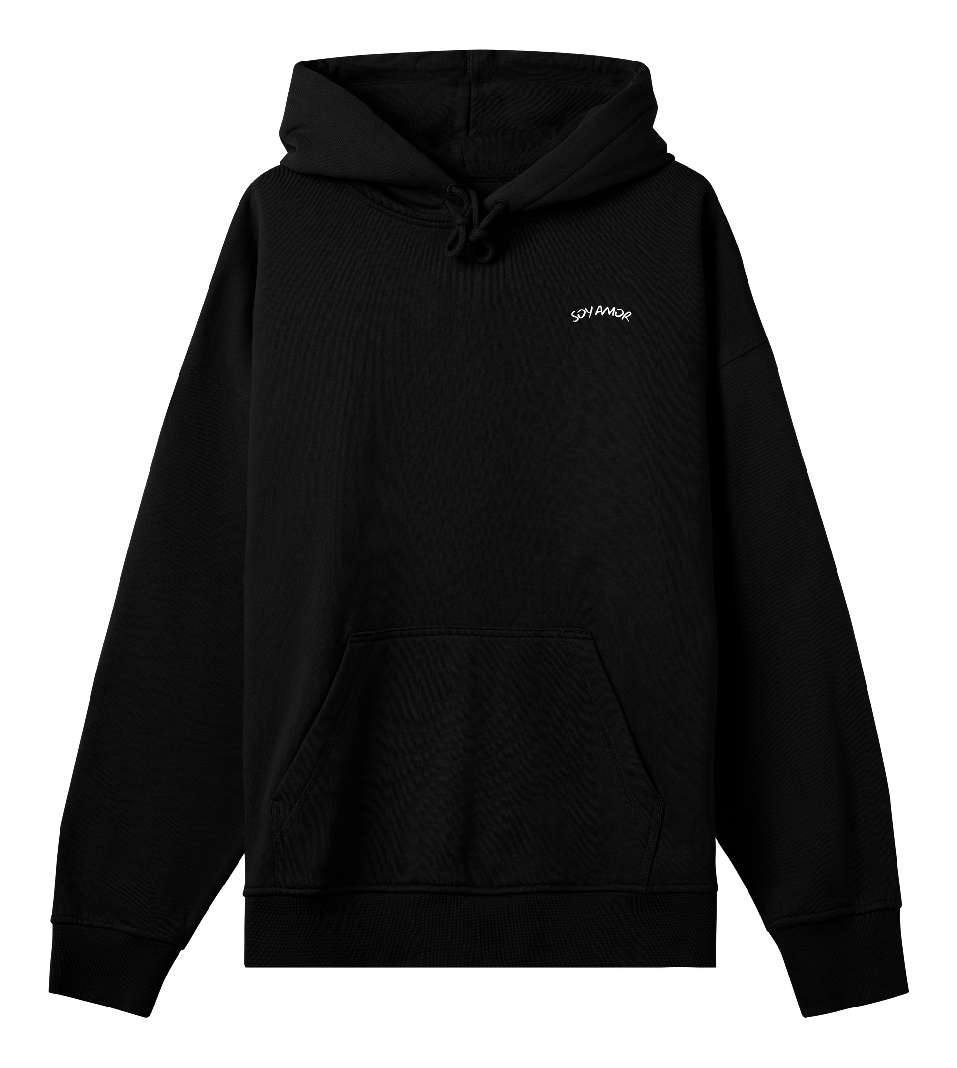 Hoodie noir Soy Amor vu de face,  coupe oversize boxy, texture épaisse en fleece brossé, avec incription Soy Amor à l'avant au niveau du coeur.