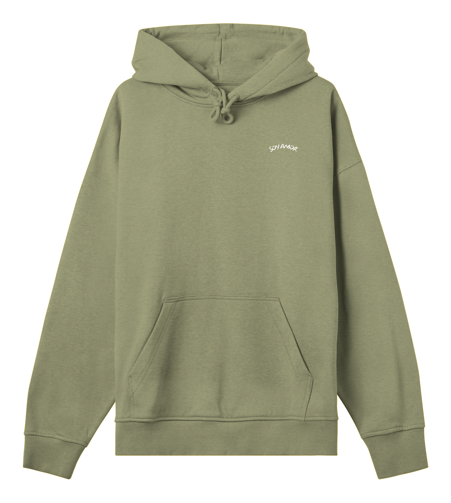 Hoodie vert Olive Soy Amor vu de face, coupe oversize boxy, texture épaisse en fleece brossé, avec incription Soy Amor à l'avant au niveau du coeur.