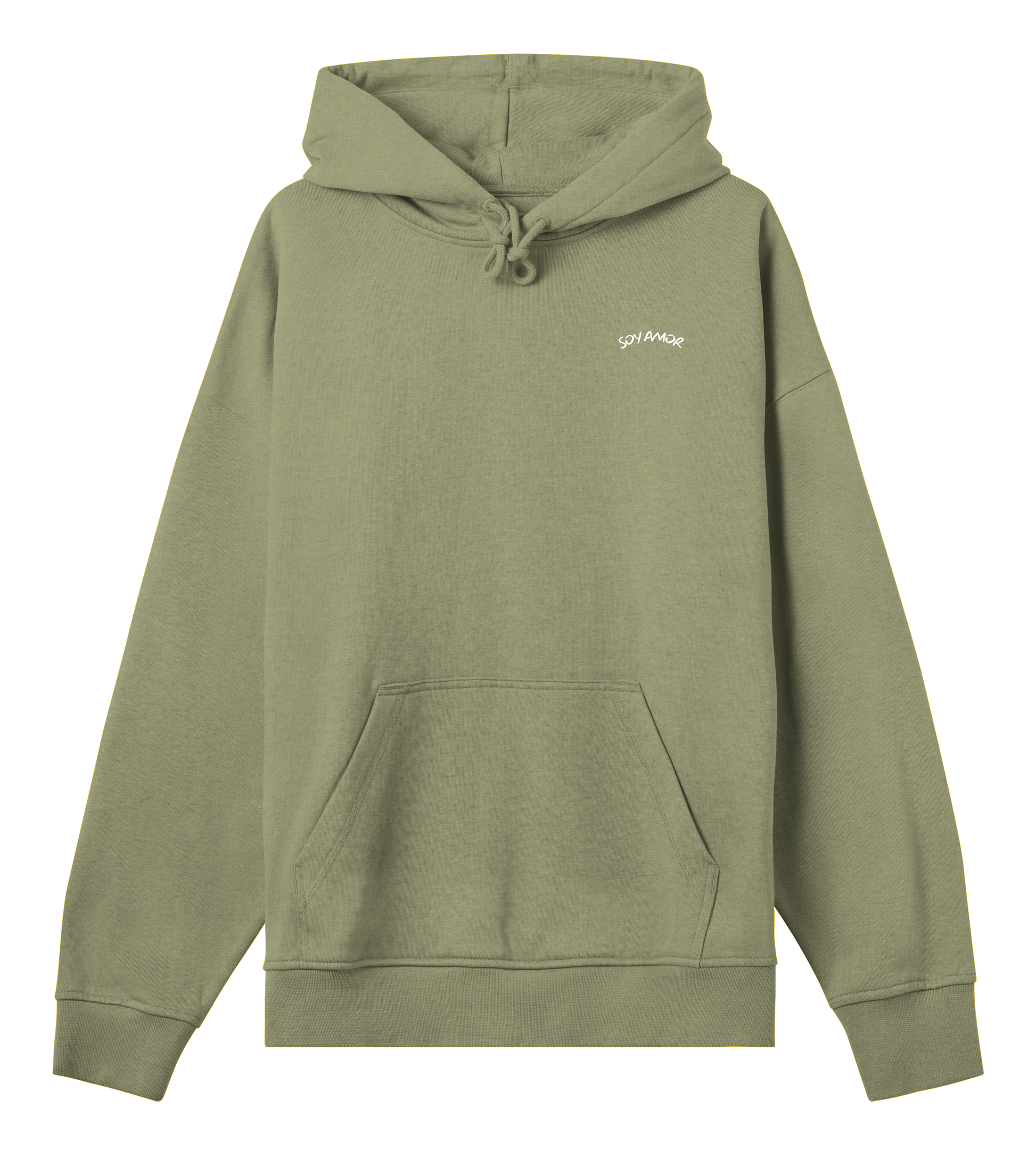 Hoodie vert Olive Soy Amor vu de face, coupe oversize boxy, texture épaisse en fleece brossé, avec incription Soy Amor à l'avant au niveau du coeur.