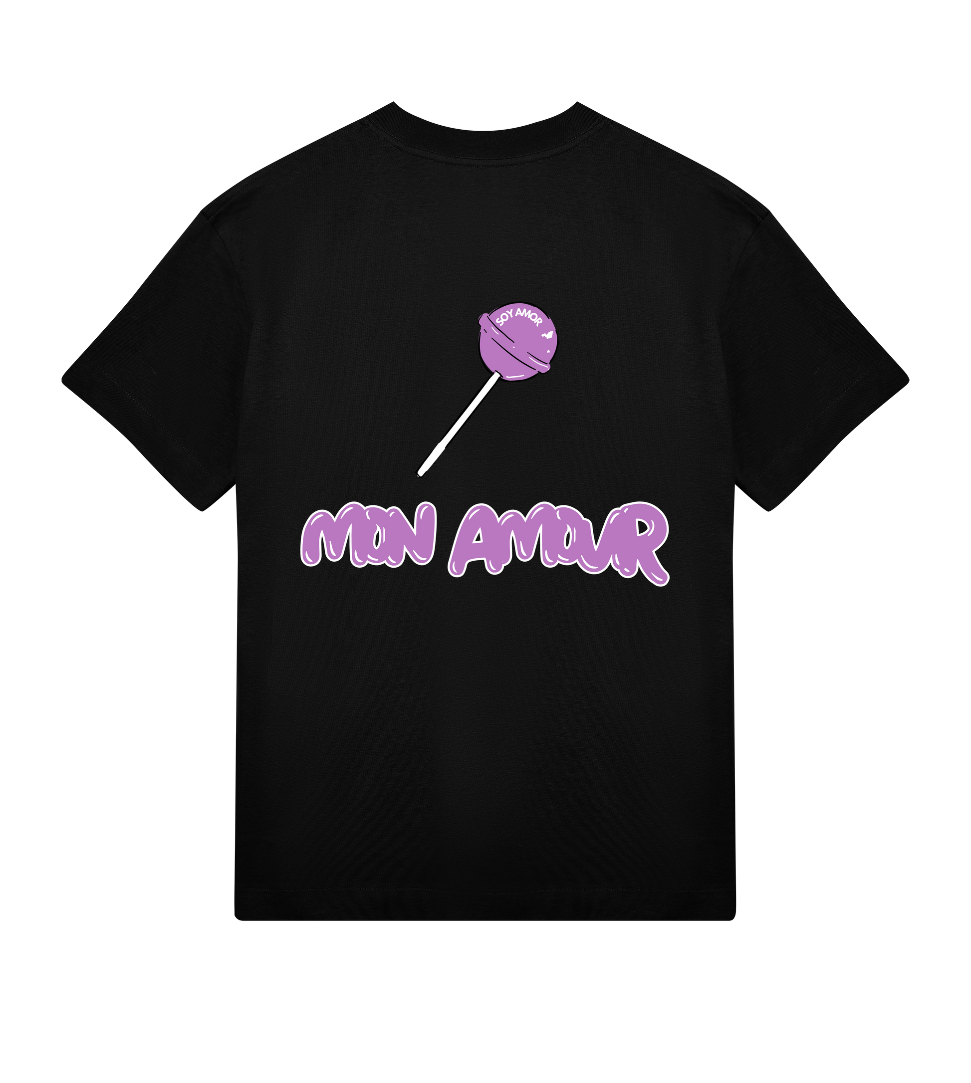 T-shirt noir Soy Amor vu de dos, avec une grande sucette violette au centre et le texte “MON AMOUR” en lettres bold violettes sous le visuel.