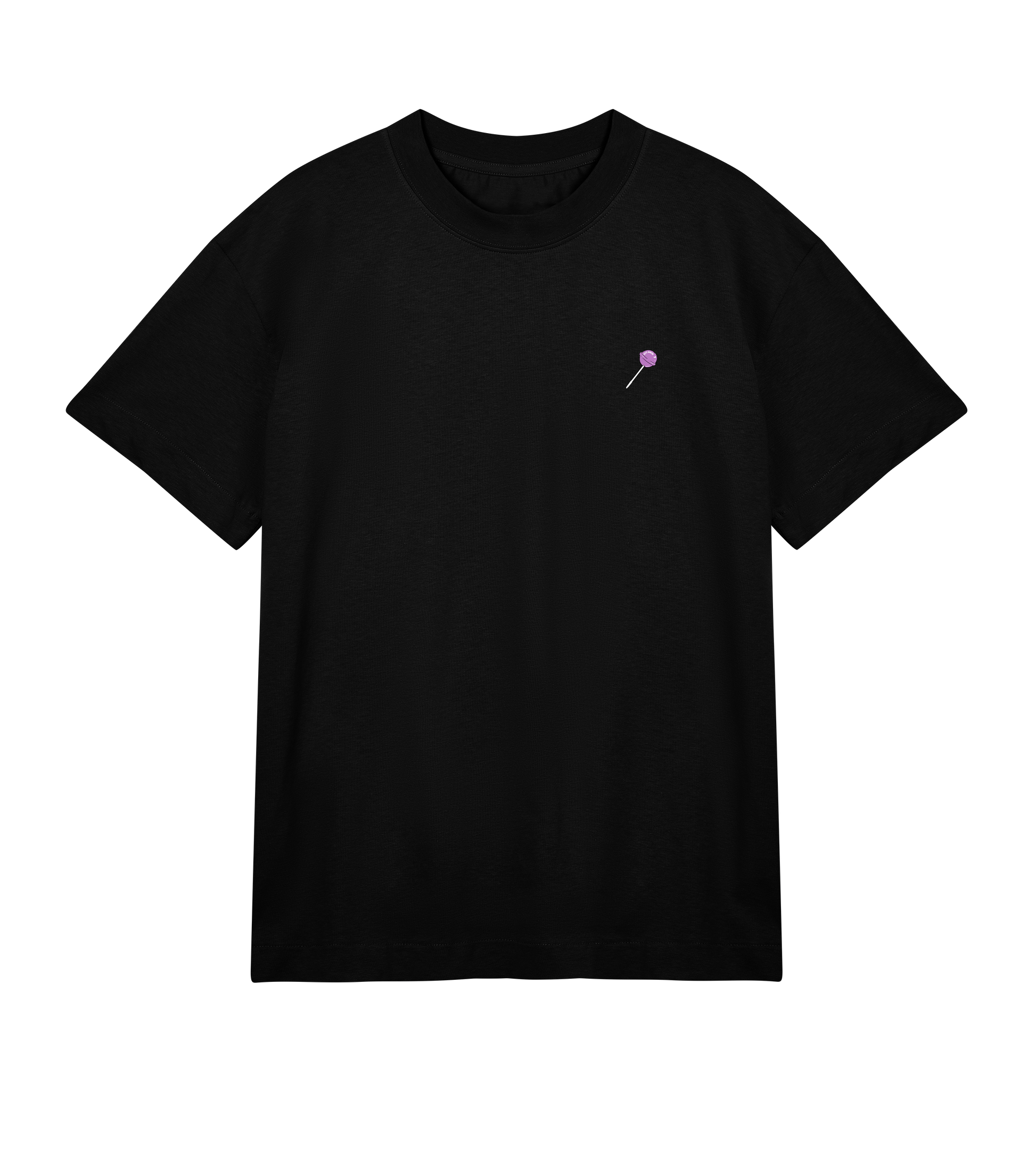 T-shirt noir Soy Amor vu de face, coupe oversized, avec une petite sucette violette imprimée côté cœur.
