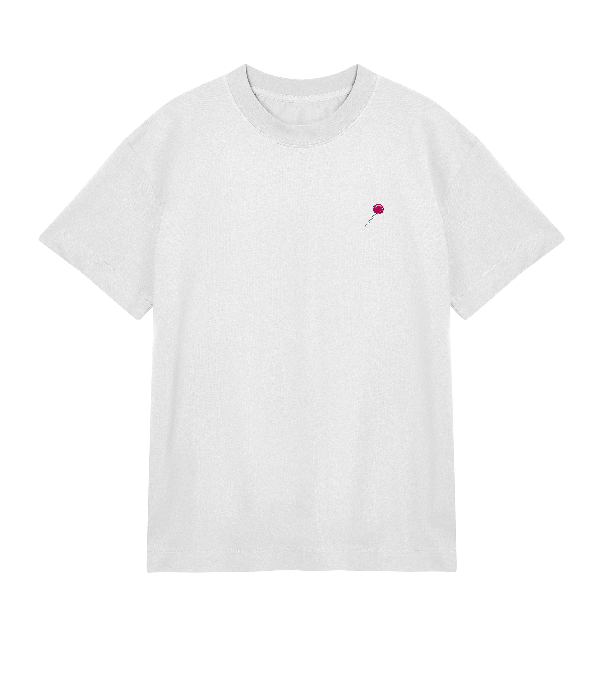 T-shirt blanc Soy Amor vu de face, coupe oversized, avec une petite sucette rouge cerise imprimée côté cœur.