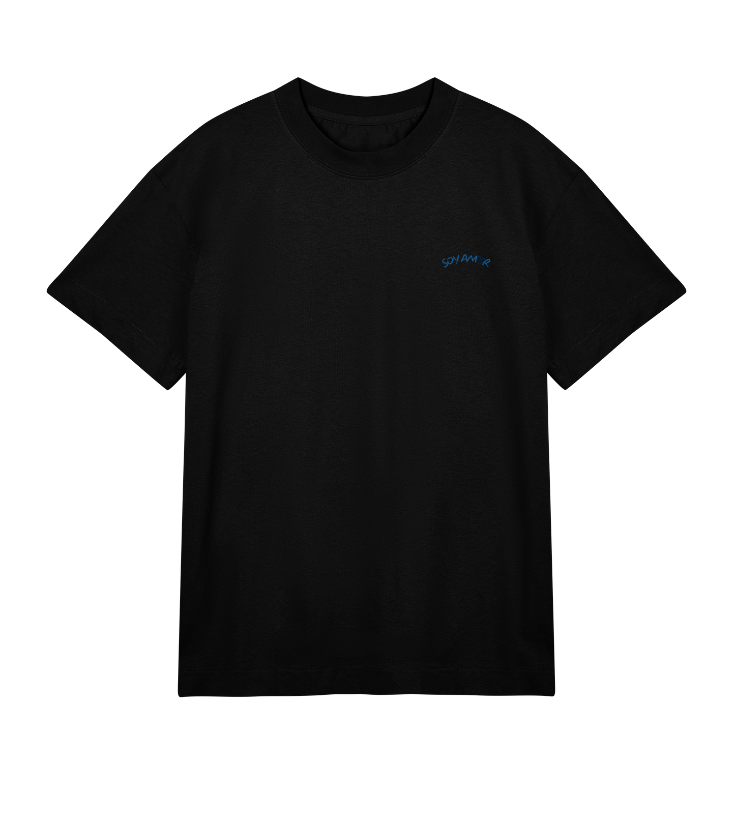 T-shirt noir Soy Amor vu de face, coupe oversized, avec un petit logo bleu “Soy Amor” imprimé sur la poitrine gauche.