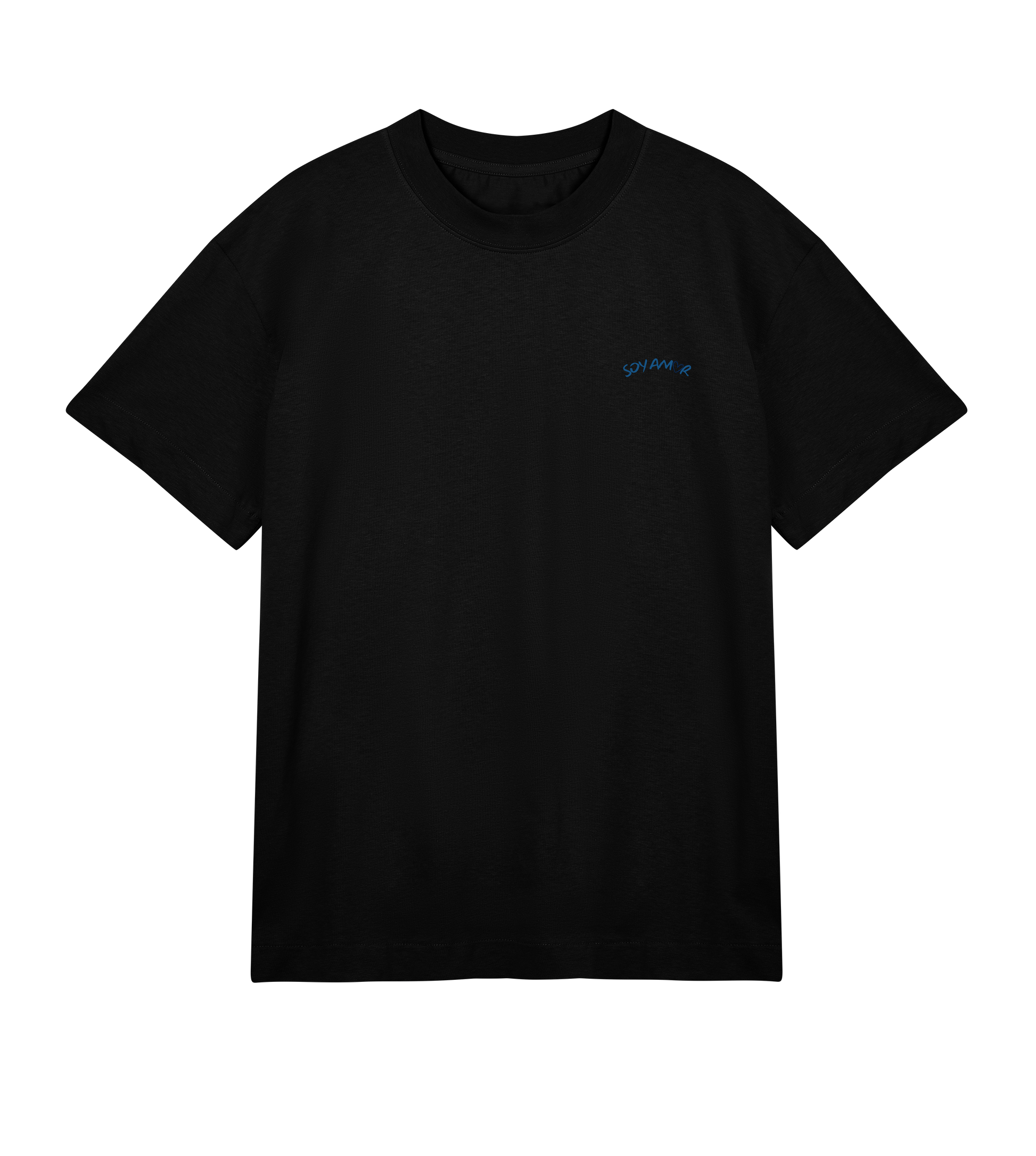 T-shirt noir Soy Amor vu de face, coupe oversized, avec un petit logo bleu “Soy Amor” imprimé sur la poitrine gauche.