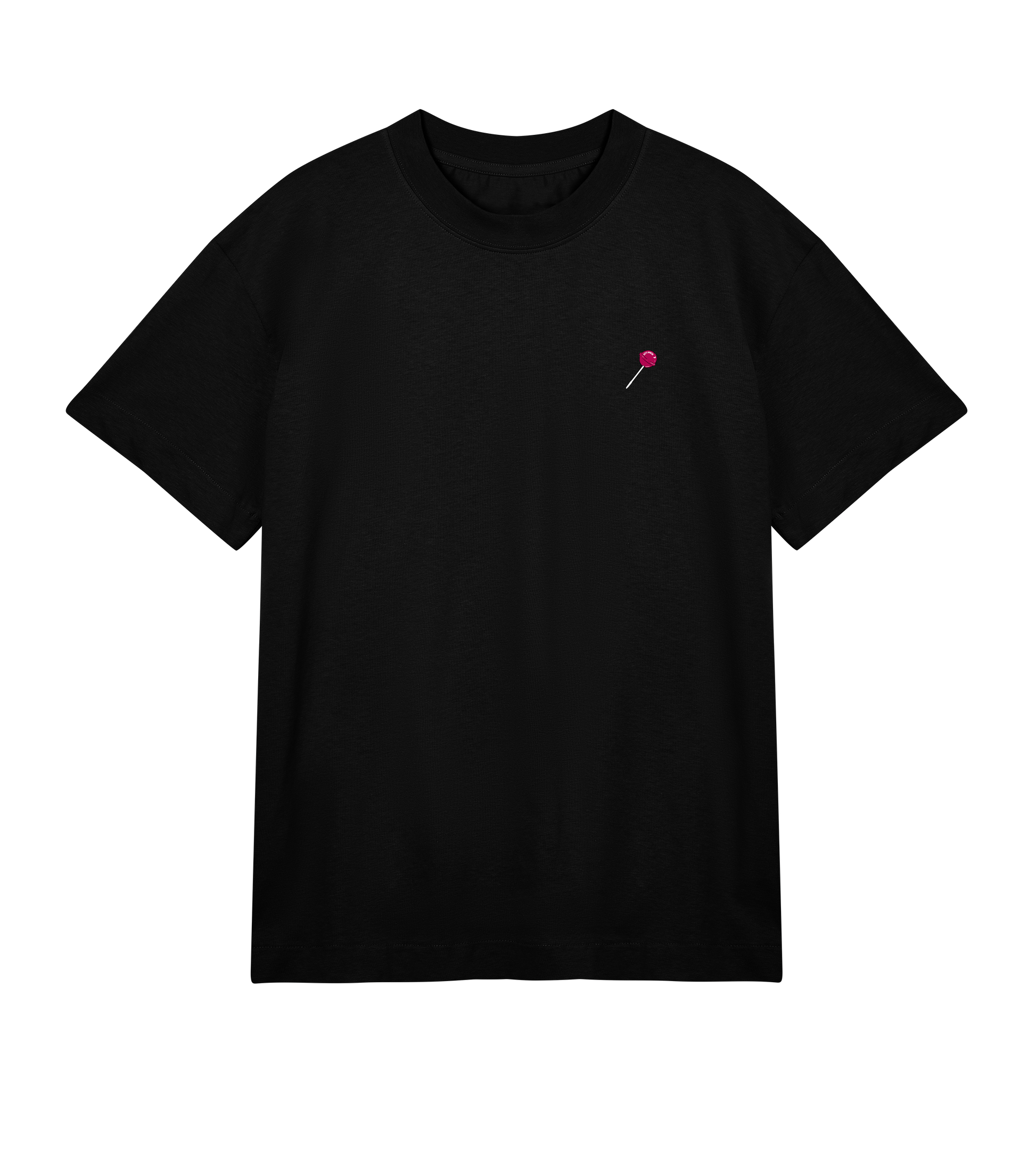 T-shirt noir Soy Amor vu de face, coupe oversized, avec une petite sucette rouge cerise imprimée côté cœur.