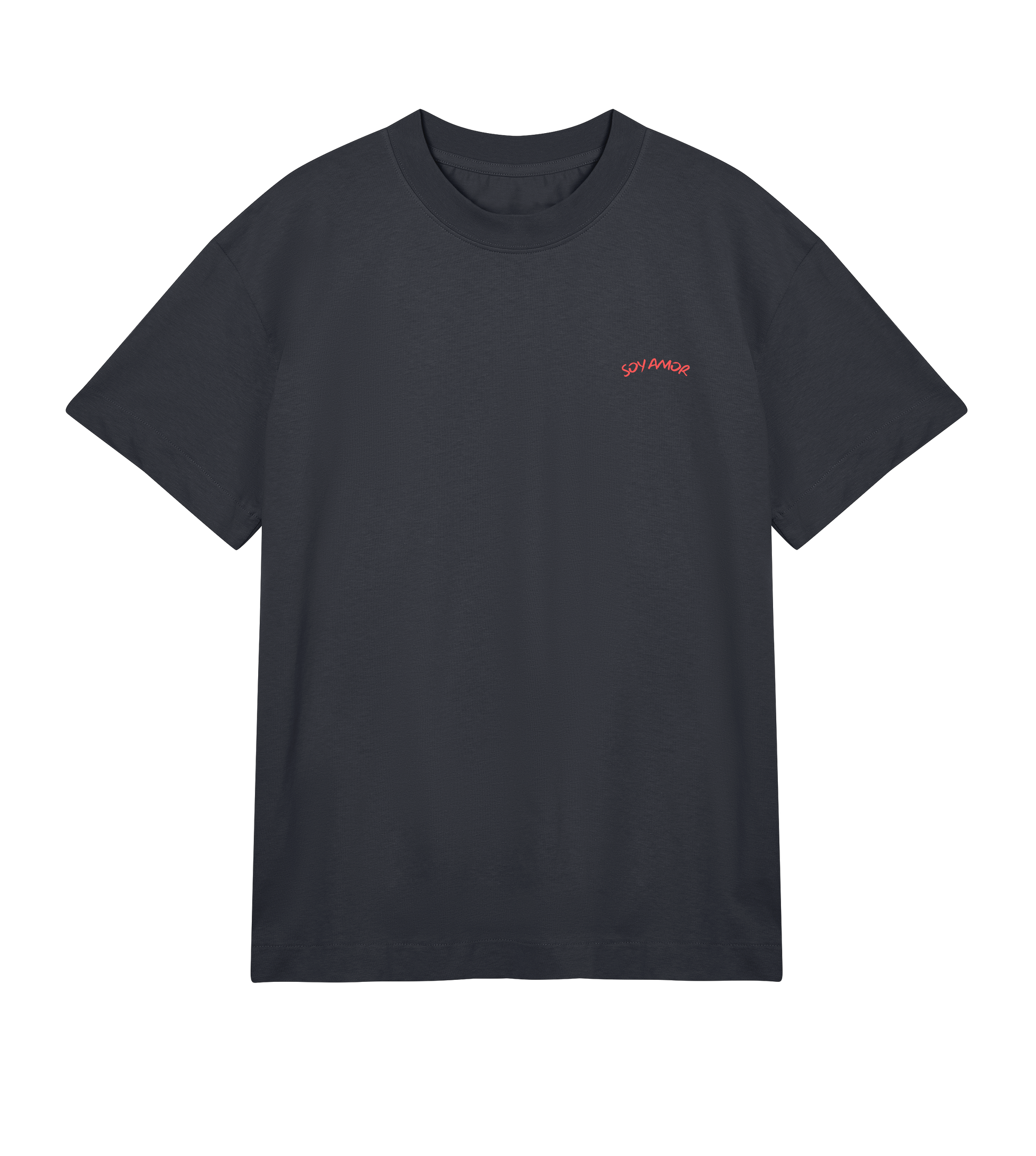 T-shirt off black Soy Amor vu de face, coupe oversized, avec un petit logo “Soy Amor” imprimé en rouge sur la poitrine gauche.