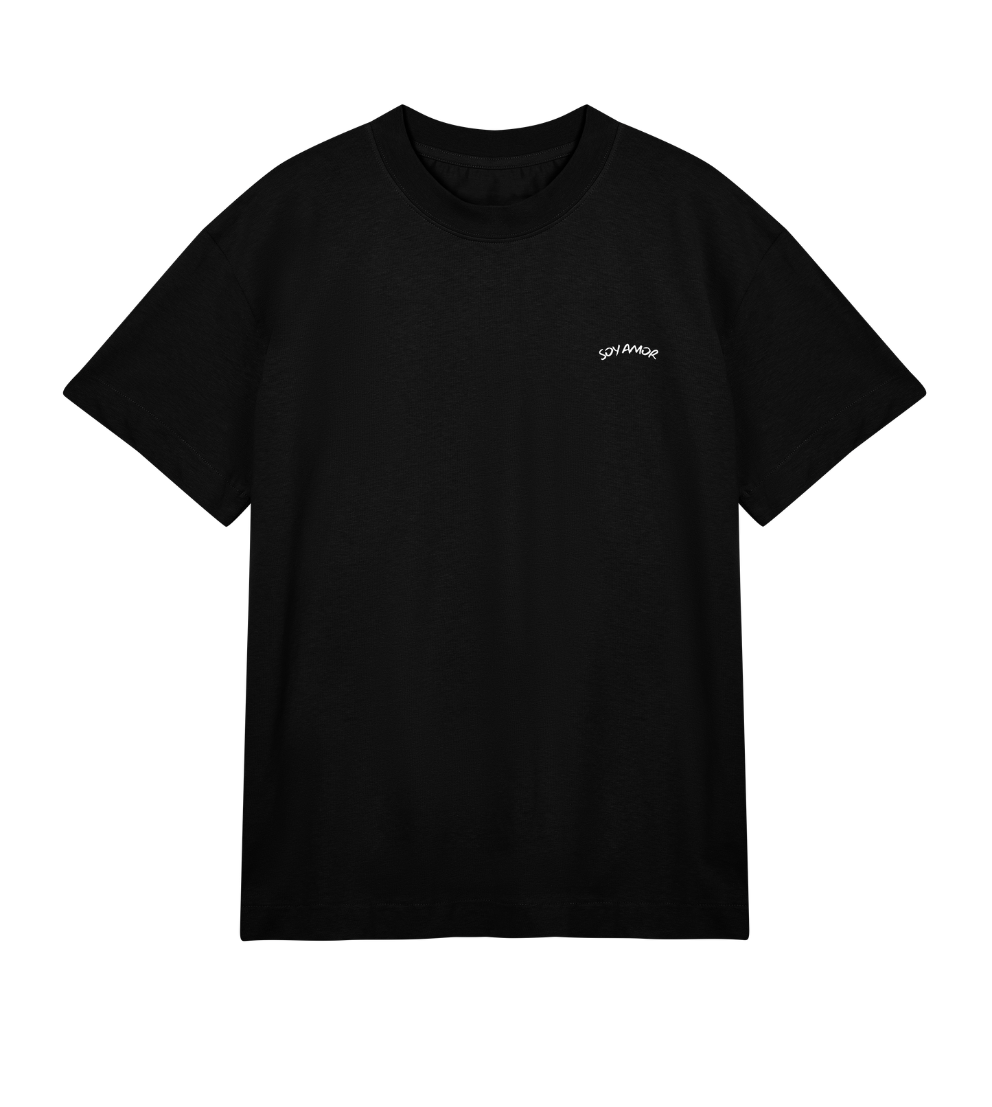 T-shirt noir Soy Amor vu de face, coupe oversized, avec un petit logo blanc “Soy Amor” placé sur la poitrine gauche.