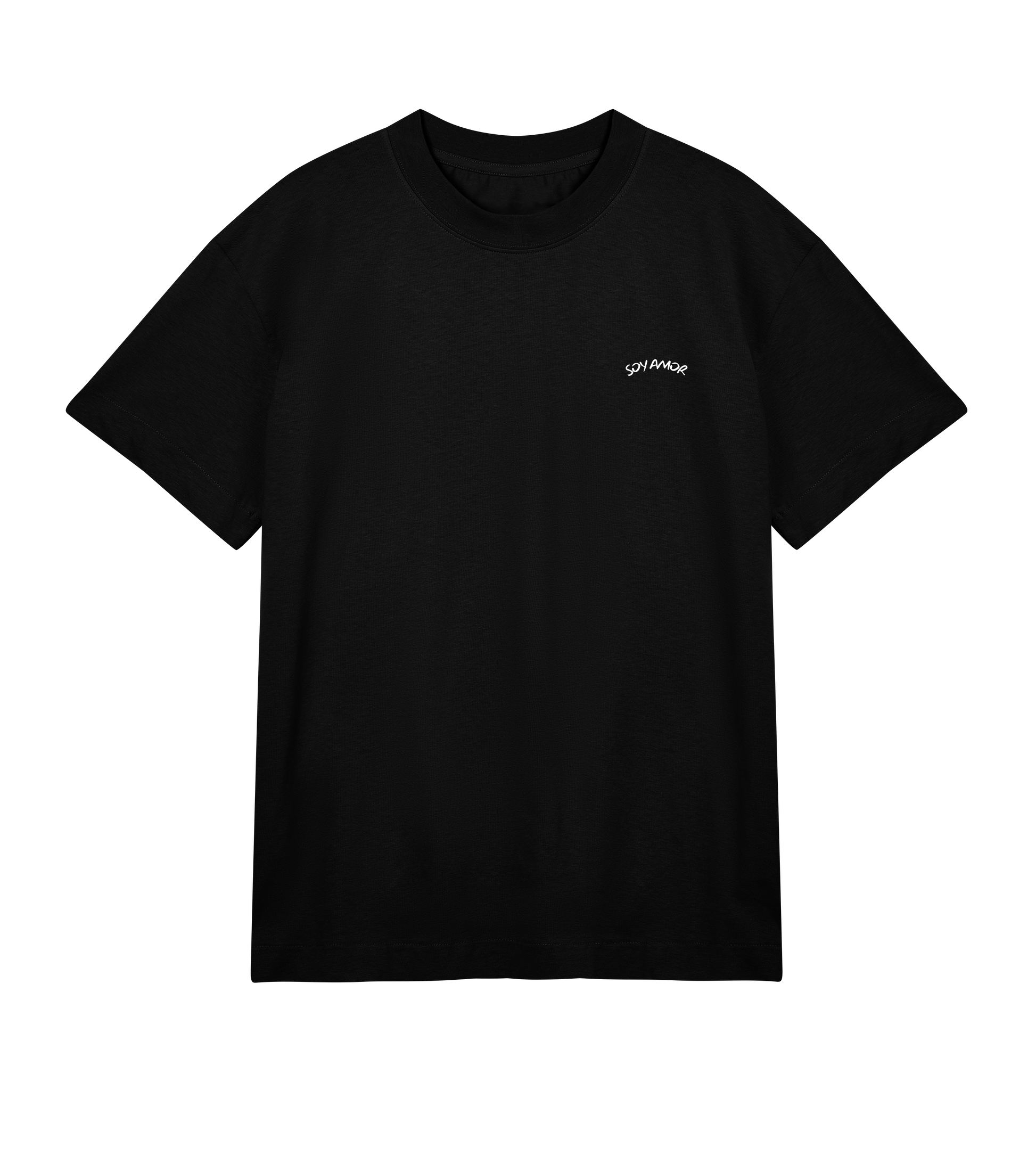 T-shirt noir Soy Amor vu de face, coupe oversized, avec un petit logo blanc “Soy Amor” placé sur la poitrine gauche.