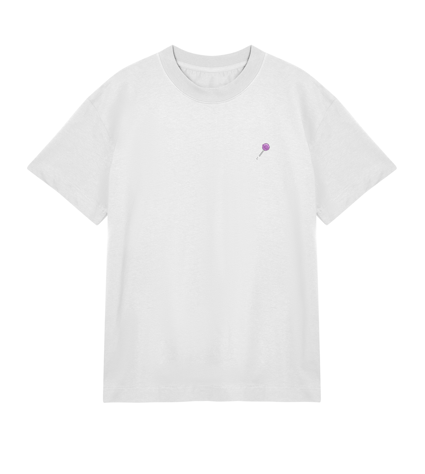T-shirt blanc Soy Amor vu de face, coupe oversized, avec une petite sucette violette imprimée côté cœur.