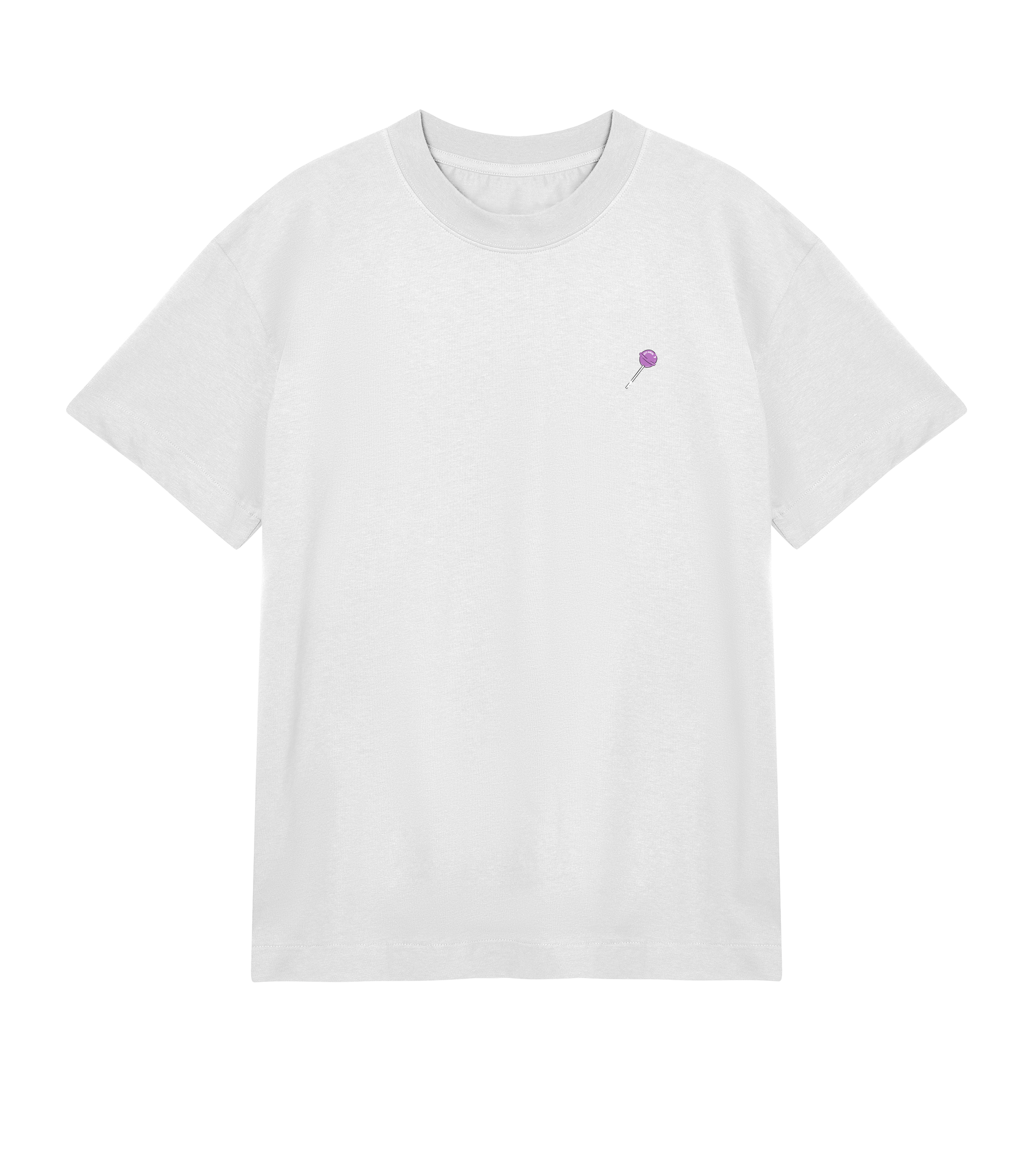 T-shirt blanc Soy Amor vu de face, coupe oversized, avec une petite sucette violette imprimée côté cœur.