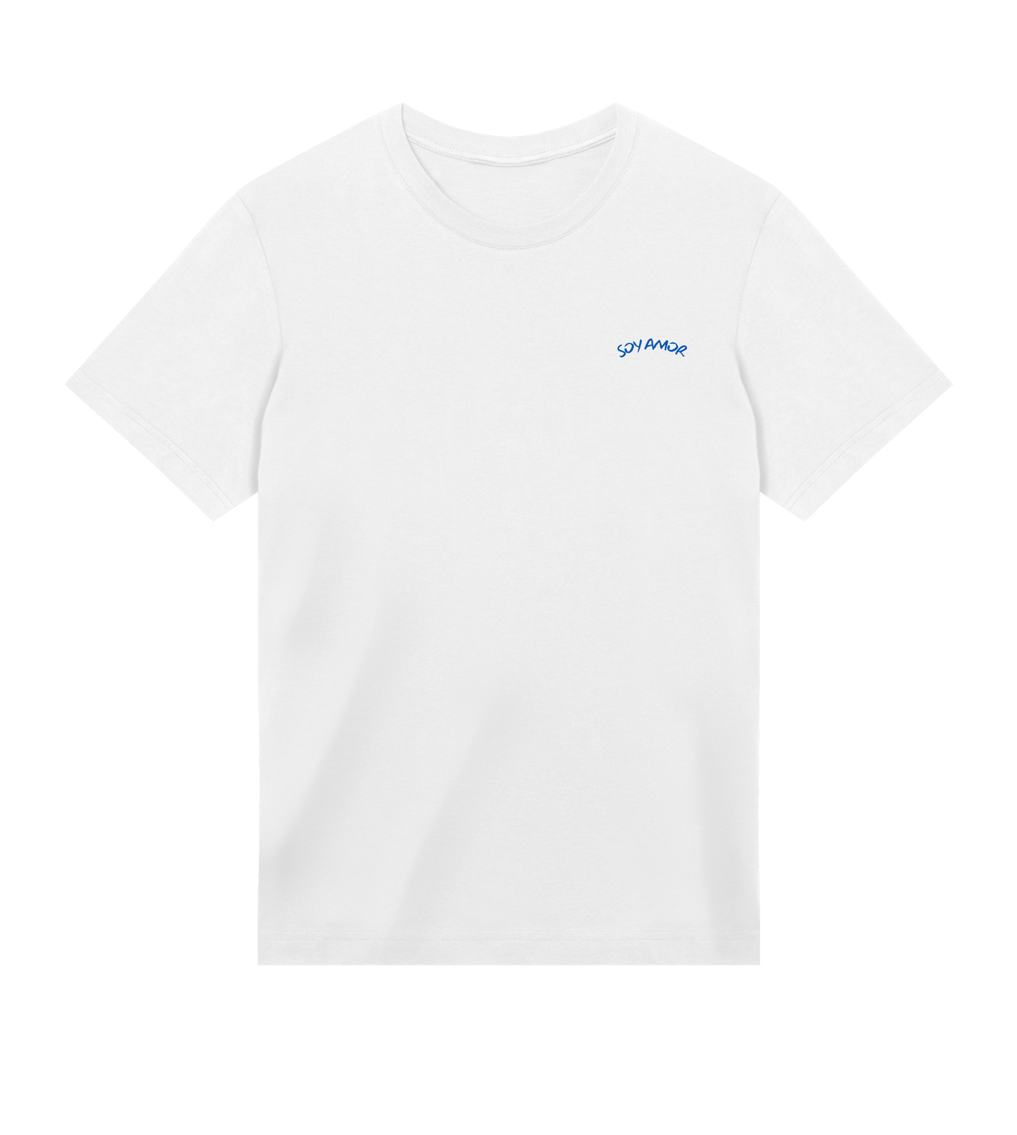 T-shirt blanc Soy Amor vu de dos avec un grand cœur bleu dessiné au trait, l’inscription “WE MET” au centre et la phrase “…and I fell in love” écrite en bas.