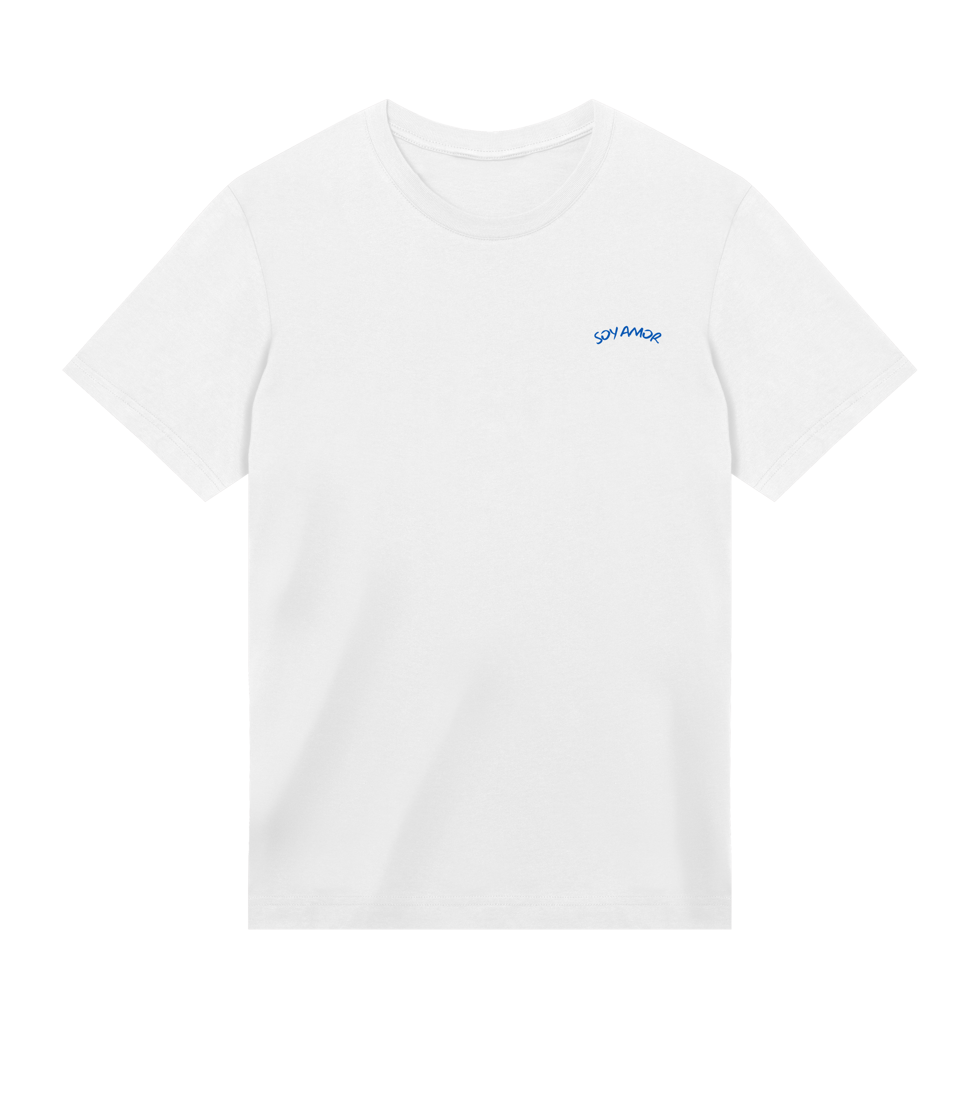 T-shirt blanc Soy Amor vu de dos avec un grand cœur bleu dessiné au trait, l’inscription “WE MET” au centre et la phrase “…and I fell in love” écrite en bas.