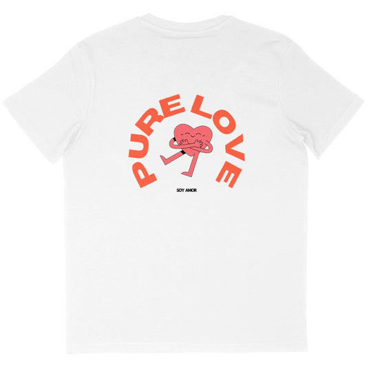 T-shirt - blanc oversized avec  inscrit  pure love en lettre capital rouge avec visuel d'un coeur rouge apposé dans le dos du t-shirt. Marque SOY AMOR
